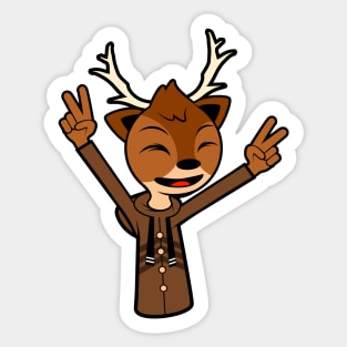 Happy Reindeer With Two Raised Peace Hand Signs Sticker